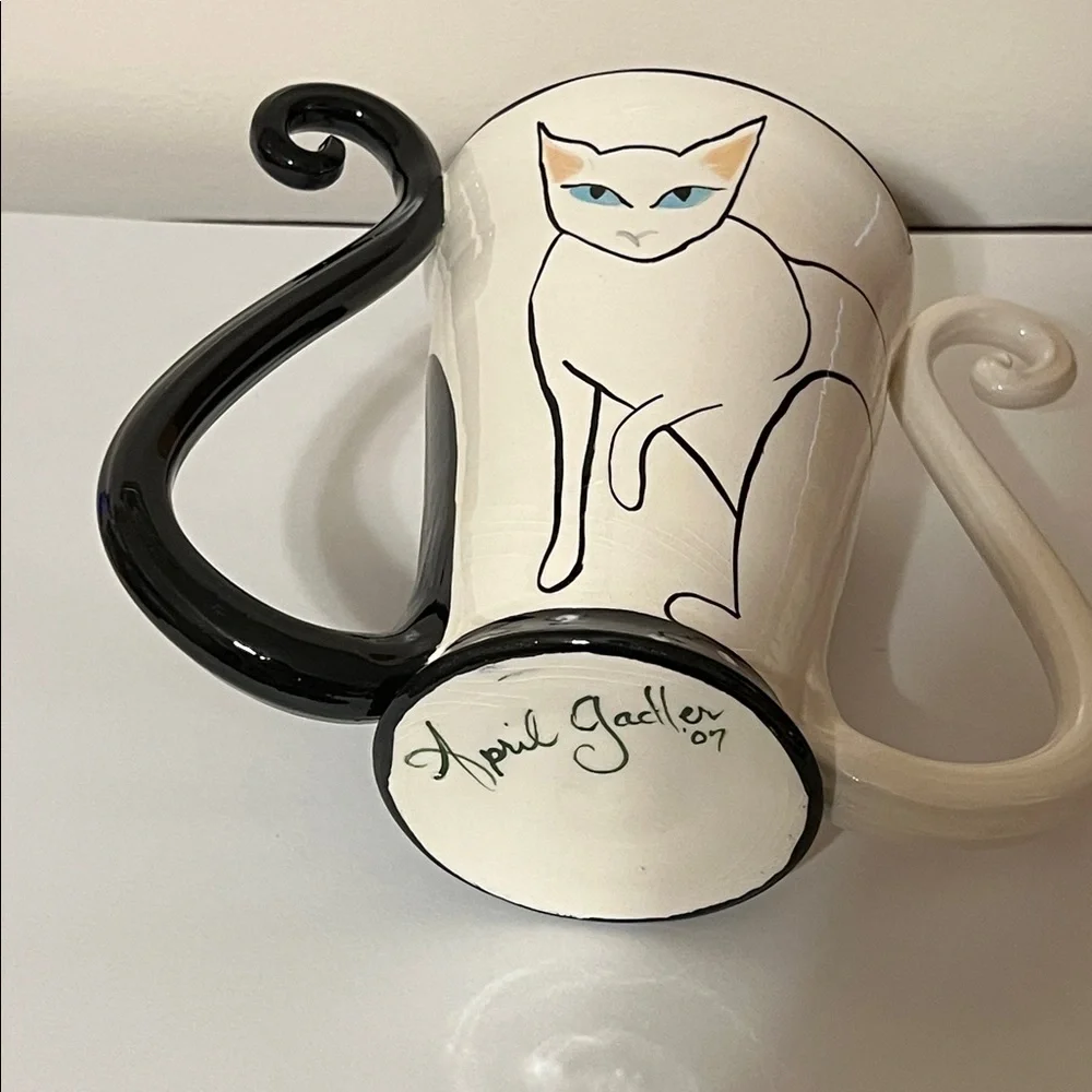 April Gadler. 2007 Handmade. Black and White Cat Design Vase. NWOT